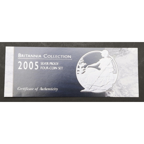 935 - A 2005 SILVER PROOF BRITANNIA FOUR COIN COLLECTION. A Royal Mint four coin silver proof Britannia se... 