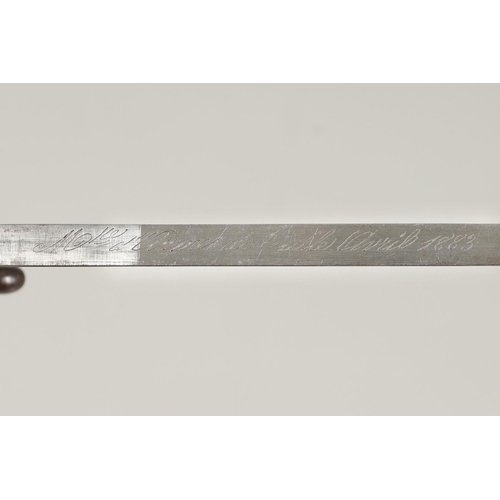 127 - A FRENCH GRAS 1874 PATTERN SWORD BAYONET AND SCABBARD. With a 52cm single edged, pointed blade, engr... 