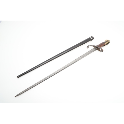 128 - A 19TH CENTURY FRENCH 1874 PATTERN BAYONET AND SCBBARD. With a 52cm pointed single edged blade with ... 