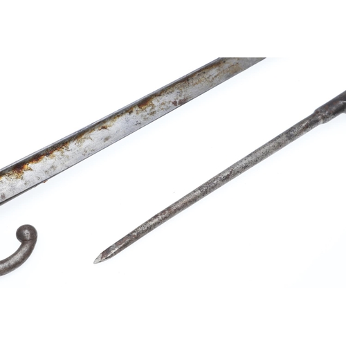 129 - A 19TH CENTURY FRENCH CHASSEPOT BAYONET AND A SPIKE BAYONET. A French bayonet with a 52cm single edg... 