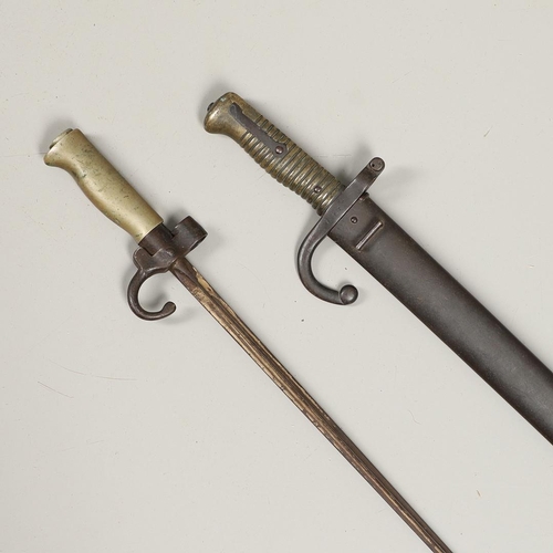 131 - A FRENCH 1886 PATTERN LEBEL EPEE BAYONET AND SIMILAR SWORD BAYONET AND SCABBARD. An Epee baynoet wit... 