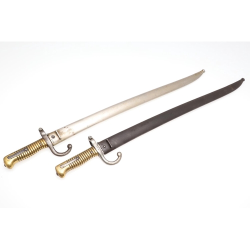 137 - TWO SIMILAR M1866 PATTERN CHASSEPOT SWORD BAYONETS AND SCABBARDS. A bayonet and scabbard with a 57cm... 