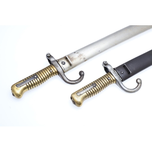 137 - TWO SIMILAR M1866 PATTERN CHASSEPOT SWORD BAYONETS AND SCABBARDS. A bayonet and scabbard with a 57cm... 