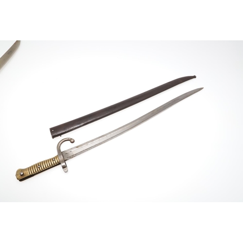 137 - TWO SIMILAR M1866 PATTERN CHASSEPOT SWORD BAYONETS AND SCABBARDS. A bayonet and scabbard with a 57cm... 