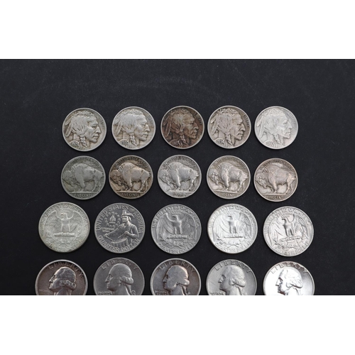 968 - A PARTIAL DATE RUN OF AMERICAN FIVE CENT AND QUARTER DOLLAR COINS, 1913 AND LATER. American five cen... 