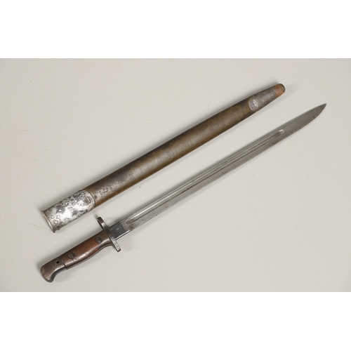 143 - A 1907 LEE ENFIELD BAYONET AND SCABBARD. With a 43cm pointed, single edged and fullered blade marked... 