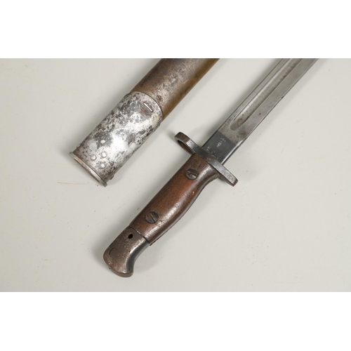 143 - A 1907 LEE ENFIELD BAYONET AND SCABBARD. With a 43cm pointed, single edged and fullered blade marked... 