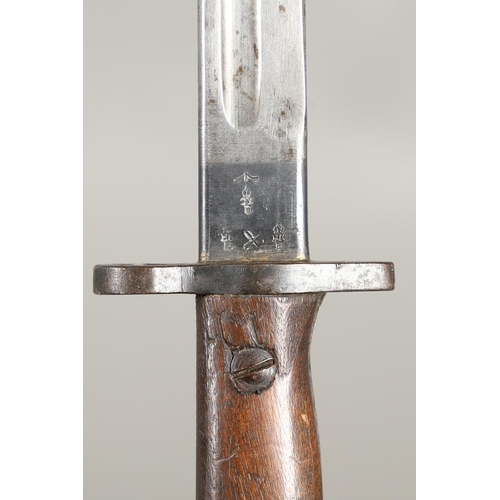 143 - A 1907 LEE ENFIELD BAYONET AND SCABBARD. With a 43cm pointed, single edged and fullered blade marked... 