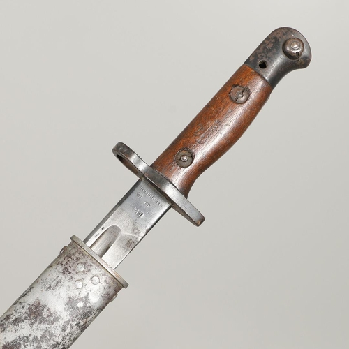 143 - A 1907 LEE ENFIELD BAYONET AND SCABBARD. With a 43cm pointed, single edged and fullered blade marked... 