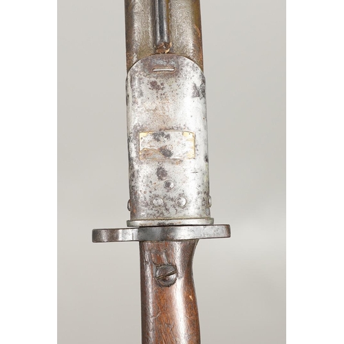 143 - A 1907 LEE ENFIELD BAYONET AND SCABBARD. With a 43cm pointed, single edged and fullered blade marked... 