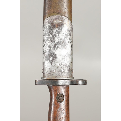 143 - A 1907 LEE ENFIELD BAYONET AND SCABBARD. With a 43cm pointed, single edged and fullered blade marked... 