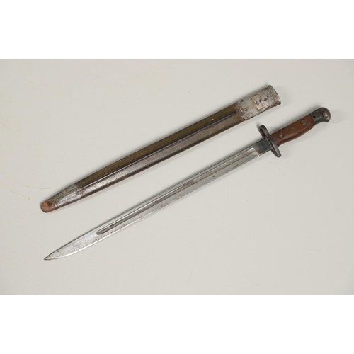 143 - A 1907 LEE ENFIELD BAYONET AND SCABBARD. With a 43cm pointed, single edged and fullered blade marked... 