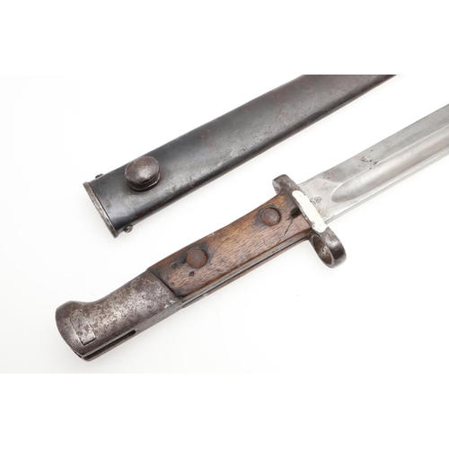 145 - A FIRST WORLD WAR 1907 PATTERN BAYONET AND SCABBARD. With a 25cm pointed single edged fullered blade... 