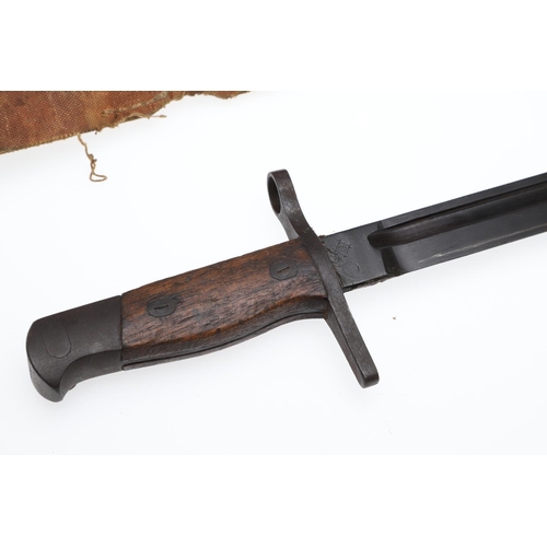 146 - A 1907 PATTERN LEE ENFIELD SMLE BAYONET AND SCABBARD. With a 39.5cm straight, single edged and fulle... 