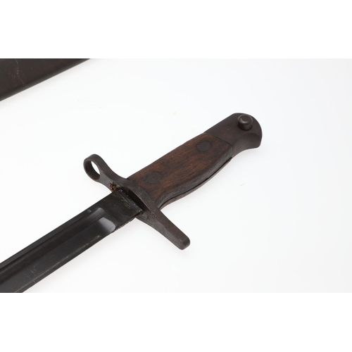 146 - A 1907 PATTERN LEE ENFIELD SMLE BAYONET AND SCABBARD. With a 39.5cm straight, single edged and fulle... 