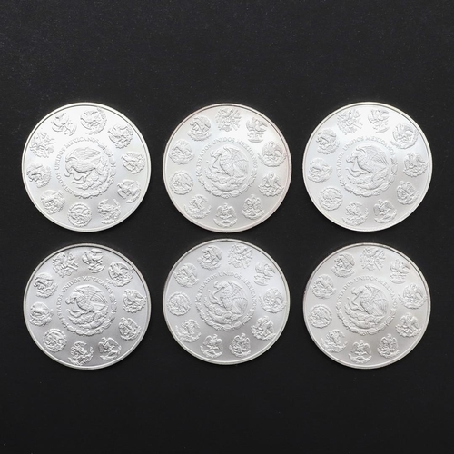 998 - A COLLECTION OF SIX MEXICAN SILVER 1 OZ COINS, 2011. Estados Unidos Mexicanos, one ounce fine silver... 