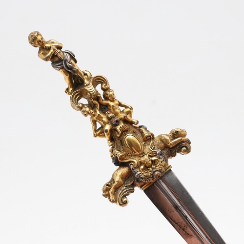 161 - AN ORNATE ITALIANATE ORMOLU SHORT BLADED DAGGER AND SCABBARD. With a 12.5cm pointed double edged bla... 