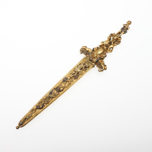 161 - AN ORNATE ITALIANATE ORMOLU SHORT BLADED DAGGER AND SCABBARD. With a 12.5cm pointed double edged bla... 