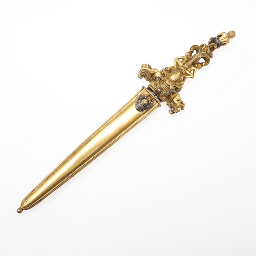 161 - AN ORNATE ITALIANATE ORMOLU SHORT BLADED DAGGER AND SCABBARD. With a 12.5cm pointed double edged bla... 