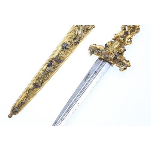 161 - AN ORNATE ITALIANATE ORMOLU SHORT BLADED DAGGER AND SCABBARD. With a 12.5cm pointed double edged bla... 