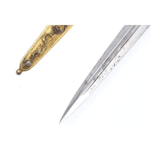 161 - AN ORNATE ITALIANATE ORMOLU SHORT BLADED DAGGER AND SCABBARD. With a 12.5cm pointed double edged bla... 