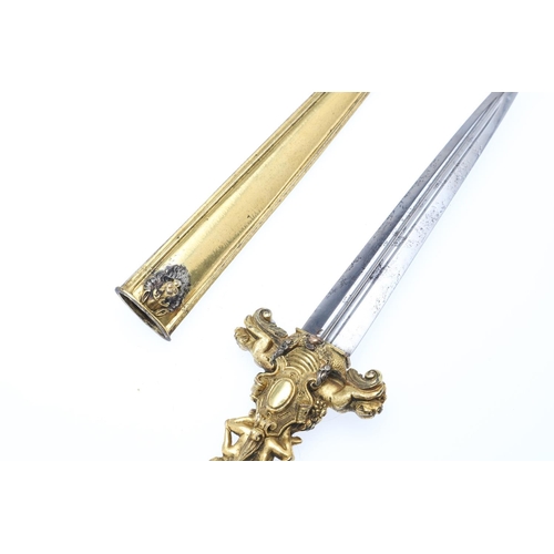 161 - AN ORNATE ITALIANATE ORMOLU SHORT BLADED DAGGER AND SCABBARD. With a 12.5cm pointed double edged bla... 