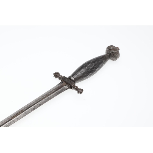 162 - A 17TH CENTURY ITALIAN LEFT HAND DAGGER WITH STEEL GRIP. With a 34.5cm tapering pointed blade with p... 