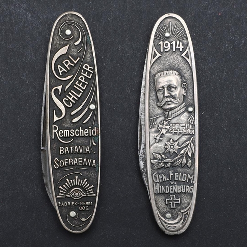 180 - A FIRST WORLD WAR SOUVENIR POCKET KNIFE AND ANOTHER ALSO BY CARL SCHLIEPER. A two blade pocket knife... 