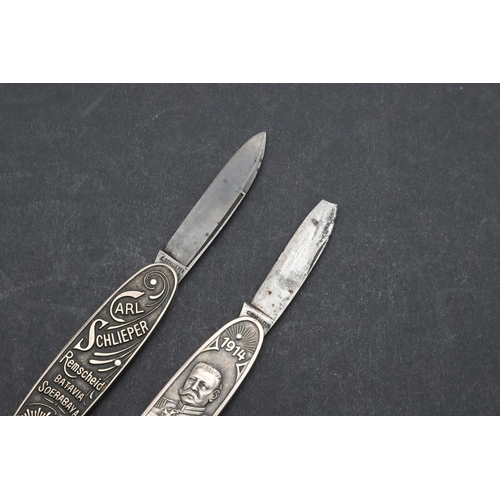 180 - A FIRST WORLD WAR SOUVENIR POCKET KNIFE AND ANOTHER ALSO BY CARL SCHLIEPER. A two blade pocket knife... 