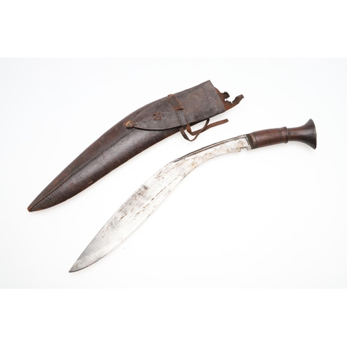 191 - TWO KUKRI KNIVES AND SCABBARDS. A Kukri knife with a 38cm sharpened blade on a wooden handle, in a l... 