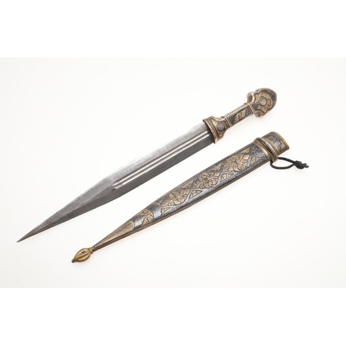 197 - A CAUCASIAN COSSACK KINJAL DAGGER AND SCABBARD. With a 26cm pointed double edged sharpened and point... 