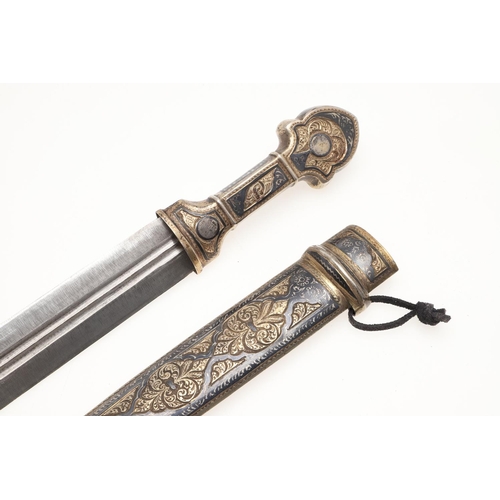 197 - A CAUCASIAN COSSACK KINJAL DAGGER AND SCABBARD. With a 26cm pointed double edged sharpened and point... 