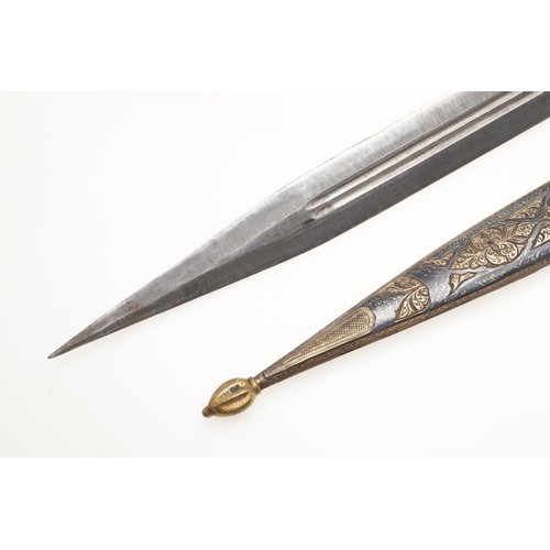 197 - A CAUCASIAN COSSACK KINJAL DAGGER AND SCABBARD. With a 26cm pointed double edged sharpened and point... 