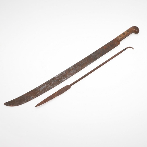 199 - A MACHETE AND AFRICAN SPEAR POINT. A British made Machete with 54cm blade with single edge and uptur... 