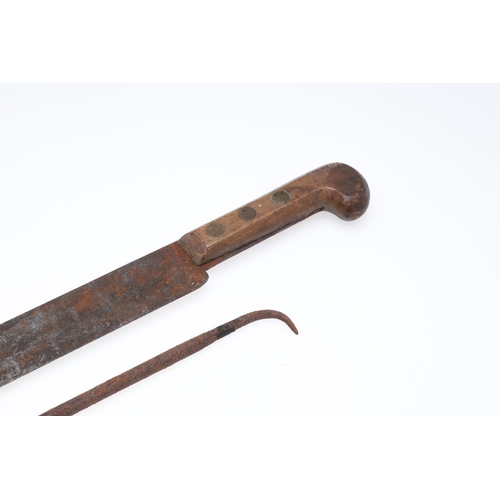 199 - A MACHETE AND AFRICAN SPEAR POINT. A British made Machete with 54cm blade with single edge and uptur... 