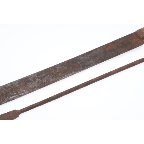 199 - A MACHETE AND AFRICAN SPEAR POINT. A British made Machete with 54cm blade with single edge and uptur... 