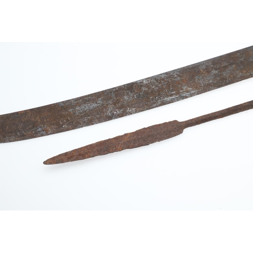 199 - A MACHETE AND AFRICAN SPEAR POINT. A British made Machete with 54cm blade with single edge and uptur... 