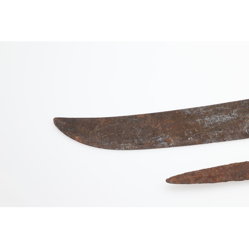 199 - A MACHETE AND AFRICAN SPEAR POINT. A British made Machete with 54cm blade with single edge and uptur... 