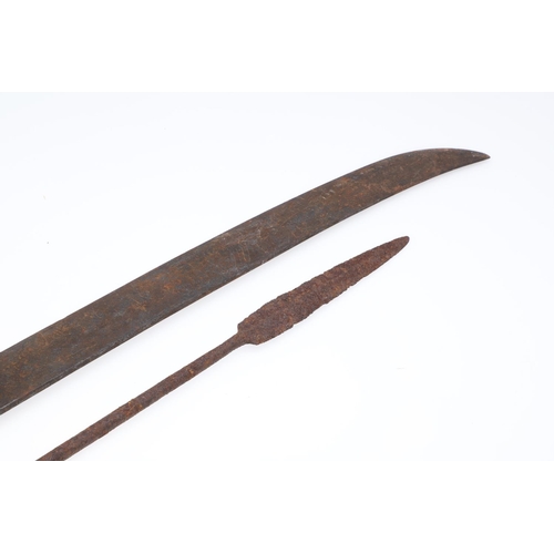 199 - A MACHETE AND AFRICAN SPEAR POINT. A British made Machete with 54cm blade with single edge and uptur... 