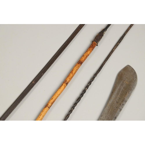 200 - A LONG BLADED HUNTING SPEAR, POSSIBLY MASSAI AND THREE OTHERS. A long bladed spear with a pointed ti... 