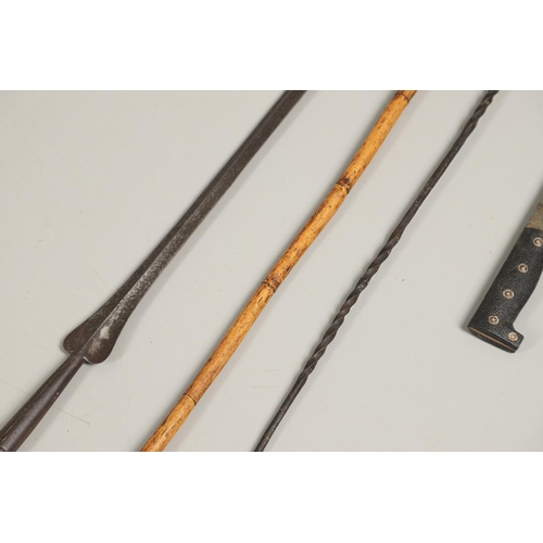 200 - A LONG BLADED HUNTING SPEAR, POSSIBLY MASSAI AND THREE OTHERS. A long bladed spear with a pointed ti... 