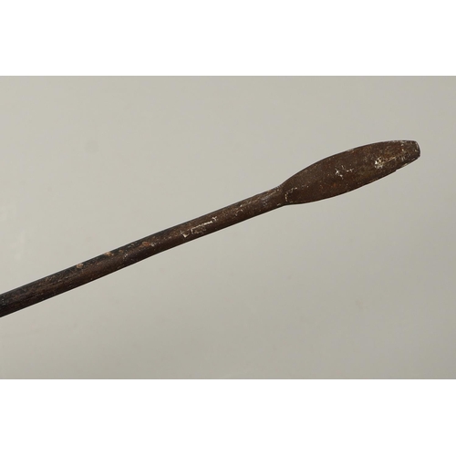 200 - A LONG BLADED HUNTING SPEAR, POSSIBLY MASSAI AND THREE OTHERS. A long bladed spear with a pointed ti... 