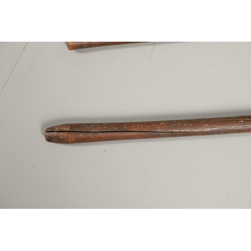 201 - THREE AFRICAN THROWING SPEARS. An African spear with a leaf shaped point on square shaft and wooden ... 