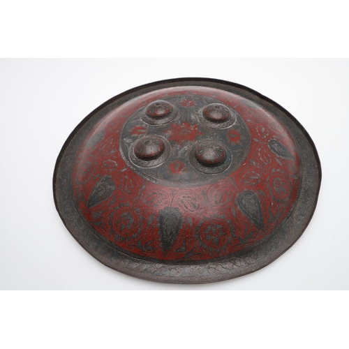 203 - A PAIR OF DECORATED INDIAN CIRCULAR SHIELDS. A pair of 19th century Indian Benares type circular shi... 