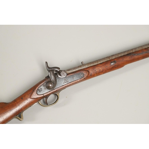 21 - A 19TH CENTURY TOWER MARKED 1842 PATTERN PERCUSSION CARBINE. With a 54cm damascened barrel, c. 14.4m... 