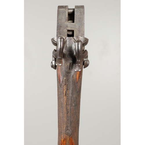 22 - A MID 19TH CENTURY TWIN BARREL PIN FIRE HAMMER GUN. With a pair of 81cm side by side barrels stub tw... 