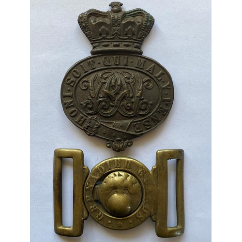 230 - A VICTORIAN GRENADIER GUARDS CARTRIDGE BOX PLATE AND BELT BUCKLE. A Victorian Grenadier Guards brass... 