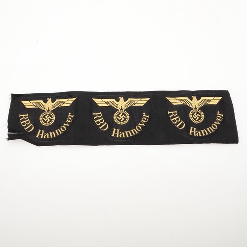 306 - SECOND WORLD WAR GERMAN RAILWAY CONTROL GUARDS' ARM BADGES. Three arm badges 'RBD Hannover' with lar... 