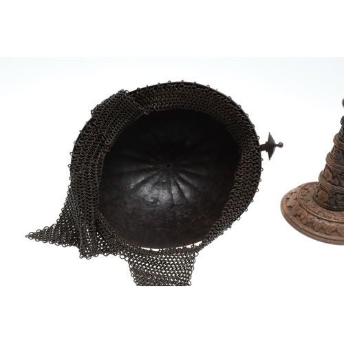 404 - A 19TH CENTURY INDO PERSIAN KULAH KHUD HELMET. With a decorative fluted bowl with central plume fixi... 