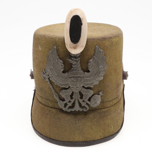 406 - A PRUSSIAN JAGER SHAKO TYPE HELMET. An early 20th century stiff grey felt bodied helmet with a grey ... 